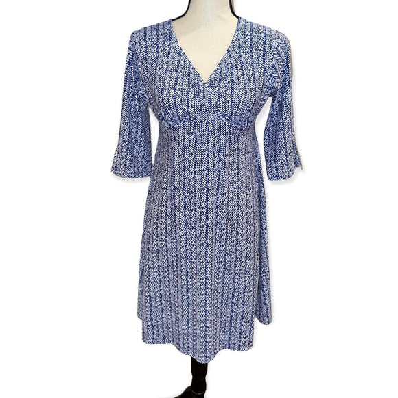 Spunk Wear Blue White Print Long Sleeve V neck Dress Size Medium